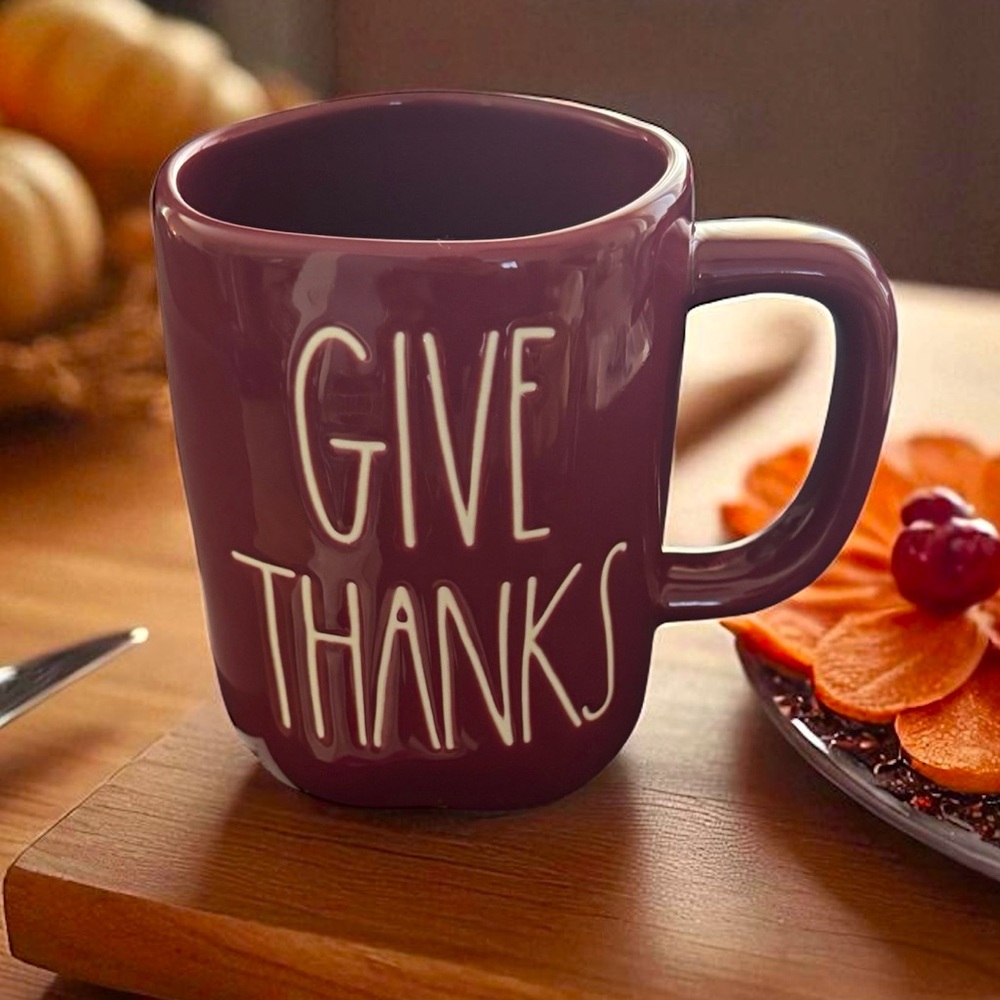 NEW RAE DUNN Ceramic GIVE THANKS Large Mug Autumn Fall Thanksgiving Maroon